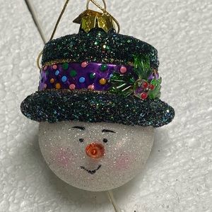 New black top hat, glitter, snowman glass ornament